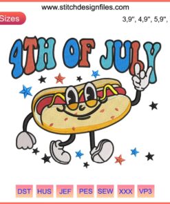 "4th of July Embroidery Design: Hot Dog with USA Flag Colors, 'You Look Like The 4th Of July' Text - Patriotic Craft File"