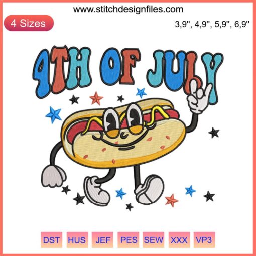 "4th of July Embroidery Design: Hot Dog with USA Flag Colors, 'You Look Like The 4th Of July' Text - Patriotic Craft File"