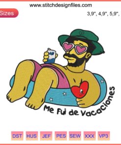 "Colorful heart-shaped embroidery design featuring summer beach elements, perfect for vacation-themed projects"