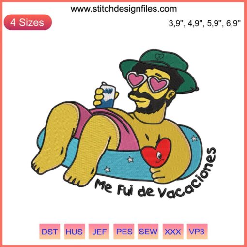 "Colorful heart-shaped embroidery design featuring summer beach elements, perfect for vacation-themed projects"
