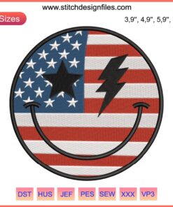 American Smiley Face Embroidery Design: Happy 4th of July Smiley with Flag Pattern for Digital Embroidery File