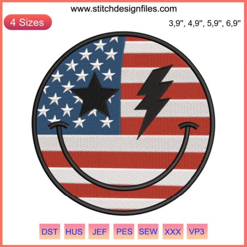 American Smiley Face Embroidery Design: Happy 4th of July Smiley with Flag Pattern for Digital Embroidery File