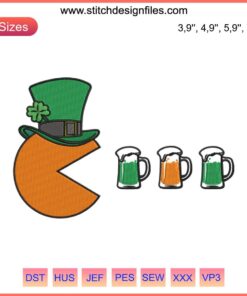 "Pac Man Beer Patrick Day Embroidery: Pac Man chasing beers in a festive hat for St. Patrick's Day laugh."