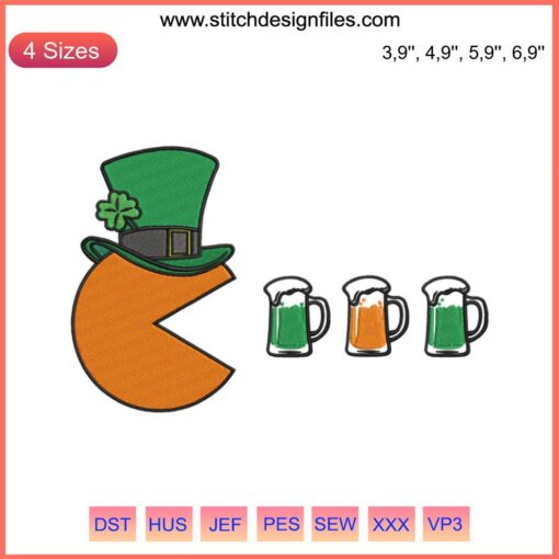 "Pac Man Beer Patrick Day Embroidery: Pac Man chasing beers in a festive hat for St. Patrick's Day laugh."
