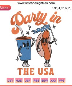 Quirky hot dog embroidery on red, white, and blue fabric; perfect for 4th of July USA food party theme. Fun and festive design.