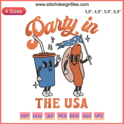 Quirky hot dog embroidery on red, white, and blue fabric; perfect for 4th of July USA food party theme. Fun and festive design.