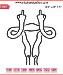 Embroidery pattern of a uterus with middle finger gesture, bold pro-choice message, feminist art, angry uterus design.