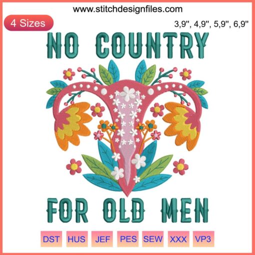 Feminist pro-choice uterus embroidery inspired by "No Country For Old Men," featuring bold text and striking design elements.