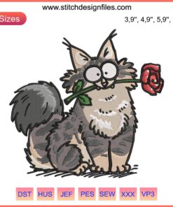 Maine Coon cat with heart and rose Valentine's embroidery design file, perfect for cat lovers, kitten crafts, and DIY gifts.