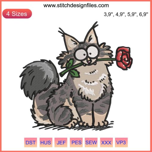 Maine Coon cat with heart and rose Valentine's embroidery design file, perfect for cat lovers, kitten crafts, and DIY gifts.