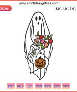 Halloween embroidery design file: pumpkin ghost silhouette, festive sewing pattern, digital download for creative crafting.