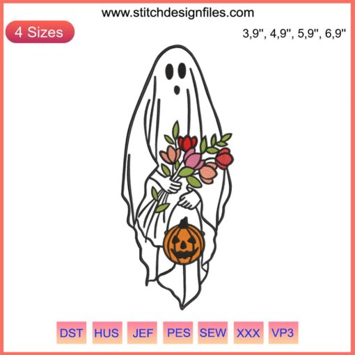 Halloween embroidery design file: pumpkin ghost silhouette, festive sewing pattern, digital download for creative crafting.
