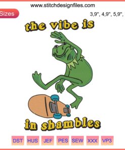 Skateboard Sports Embroidery: Vibe Shambles Design, Frog in Motion, Vibrant Colors, Energetic Aesthetic, Unique Skater Style.