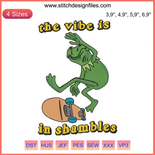 Skateboard Sports Embroidery: Vibe Shambles Design, Frog in Motion, Vibrant Colors, Energetic Aesthetic, Unique Skater Style.