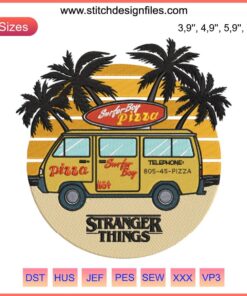 Stranger Things Surfer Boy Pizza Embroidery Design File featuring vibrant surfboard and pizza logo for machine embroidery.