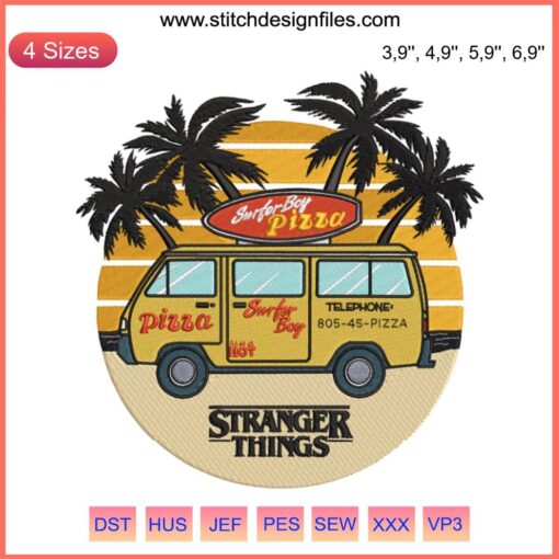 Stranger Things Surfer Boy Pizza Embroidery Design File featuring vibrant surfboard and pizza logo for machine embroidery.