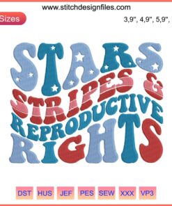 Women's Rights Embroidery: Patriotic stars, stripes, & reproductive rights; vibrant design on a black fabric backdrop.