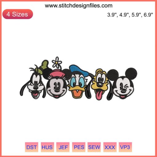 "Disney Friends Face Embroidery Design featuring Mickey Mouse & Friends smiling; Digital File for Embroidery Enthusiasts"