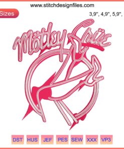 Motley Crue Logo Embroidery design featuring Girls Girls Girls theme, bold heavy metal style, perfect for music fans and collectors.