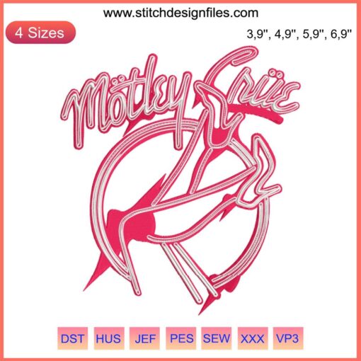 Motley Crue Logo Embroidery design featuring Girls Girls Girls theme, bold heavy metal style, perfect for music fans and collectors.