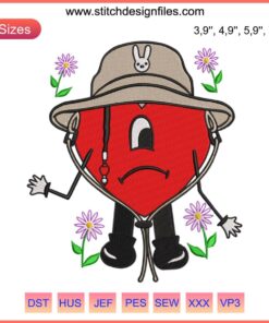 Sad heart embroidery with hat, Bad Bunny Un Verano Sin Ti design; unique digital product featuring pop culture art.
