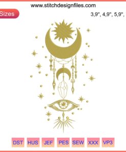 Celestial Evil Eye Embroidery Design: Sun and Moon, Spiritual Digital File, Unique Boho Stitch Pattern
