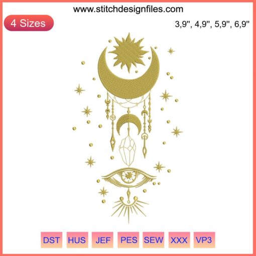 Celestial Evil Eye Embroidery Design: Sun and Moon, Spiritual Digital File, Unique Boho Stitch Pattern