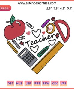 Heart-shaped design featuring school supplies, perfect for teacher appreciation embroidery projects.