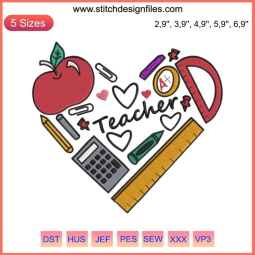 Heart-shaped design featuring school supplies, perfect for teacher appreciation embroidery projects.