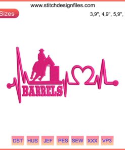 Barrel racer embroidery design featuring cowboy and horse with heartbeat motif, perfect for decals and digital crafting files.