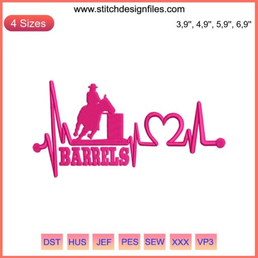 Barrel racer embroidery design featuring cowboy and horse with heartbeat motif, perfect for decals and digital crafting files.