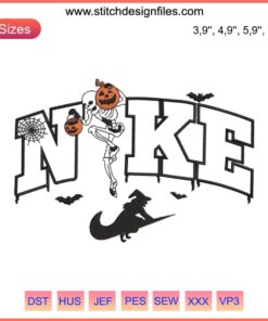 Skeleton and Pumpkin Embroidery Design with Witch Swoosh, Halloween-Themed Digital File for DIY Crafts and Garments