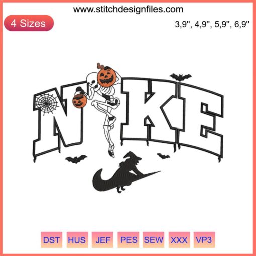 Skeleton and Pumpkin Embroidery Design with Witch Swoosh, Halloween-Themed Digital File for DIY Crafts and Garments