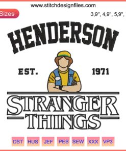 Vintage-style Stranger Things 4 embroidery featuring Dustin Henderson's iconic hat and curly hair, perfect for fans and crafters.