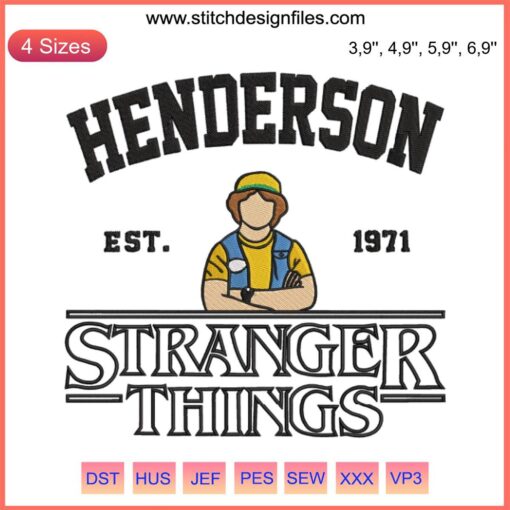 Vintage-style Stranger Things 4 embroidery featuring Dustin Henderson's iconic hat and curly hair, perfect for fans and crafters.