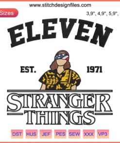Stranger Things 4 Embroidery featuring Eleven with iconic red jacket and telekinetic pose. Unique movie-inspired craft design.