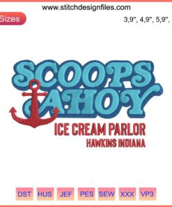 Stranger Things Scoops Ahoy Ice Cream Parlor Embroidery Design File | Nautical Hat, Ice Cream Cone, Anchors, 80s Retro Style