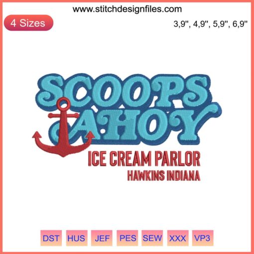Stranger Things Scoops Ahoy Ice Cream Parlor Embroidery Design File | Nautical Hat, Ice Cream Cone, Anchors, 80s Retro Style