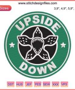 "Stranger Things Embroidery: Upside Down Coffee Cup & Demogorgon Motif, Unique Pop Culture Needlework"