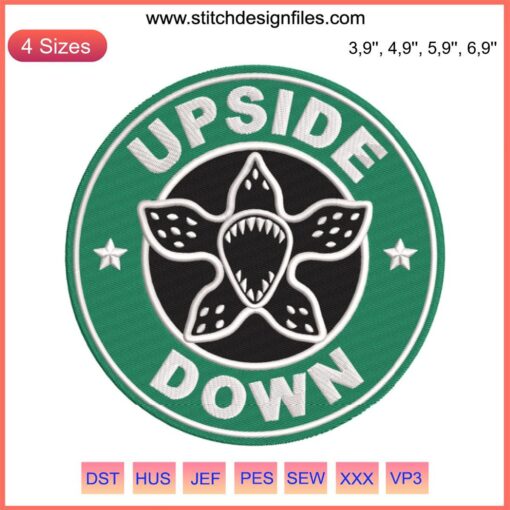 "Stranger Things Embroidery: Upside Down Coffee Cup & Demogorgon Motif, Unique Pop Culture Needlework"