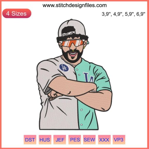 Cartoon-style Bad Bunny with a mic embroidery design, featuring LA-themed music elements; perfect for digital download.
