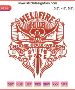 Stranger Things Hellfire Club embroidery: skull, horror-themed weapons, unique design for fans, pop culture crossover.