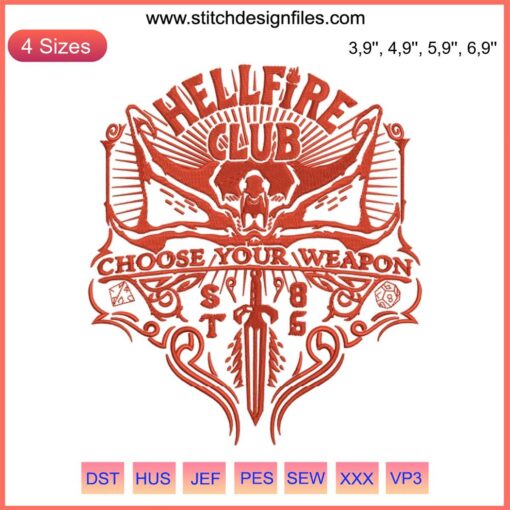 Stranger Things Hellfire Club embroidery: skull, horror-themed weapons, unique design for fans, pop culture crossover.