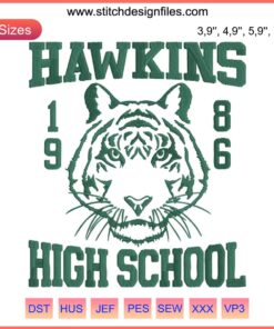 Hawkins High School 1986 Tigers Embroidery, Stranger Things 4 design featuring vintage-style mascot; trending fan art file.