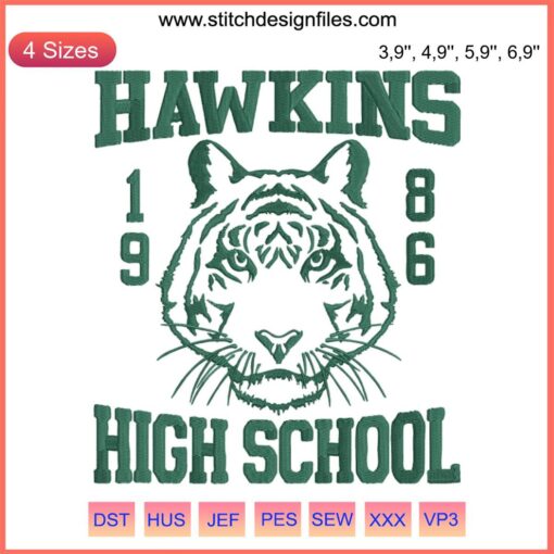 Hawkins High School 1986 Tigers Embroidery, Stranger Things 4 design featuring vintage-style mascot; trending fan art file.