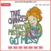 Ms. Valerie Frizzle Disney embroidery design, "Take Chances Make Mistakes," colorful teacher-themed sewing pattern.