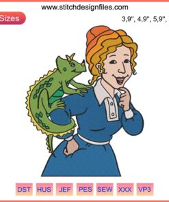 Ms. Valerie Frizzle and Lizard Embroidery Design | Magic School Bus Disney Machine File with Colorful Stitches