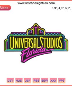 Trending Family Vacation Embroidery Design: Universal Studios themed, colorful, playful patterns on fabric background.