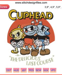 Cuphead embroidery design featuring characters from "The Delicious Last Course" for gamer gifts, digital download file.