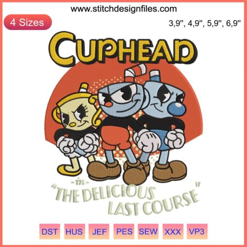 Cuphead embroidery design featuring characters from "The Delicious Last Course" for gamer gifts, digital download file.